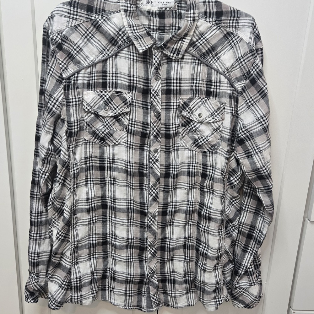 BKE Men's Plaid Snap Button Western Shirt Athletic Fit XL Gray Black‎